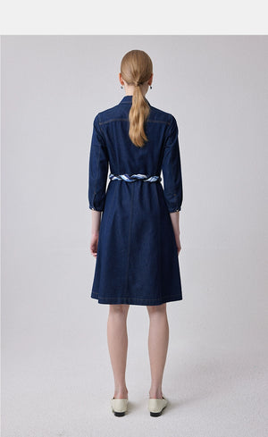  Back view of A-line denim dress with scarf belt