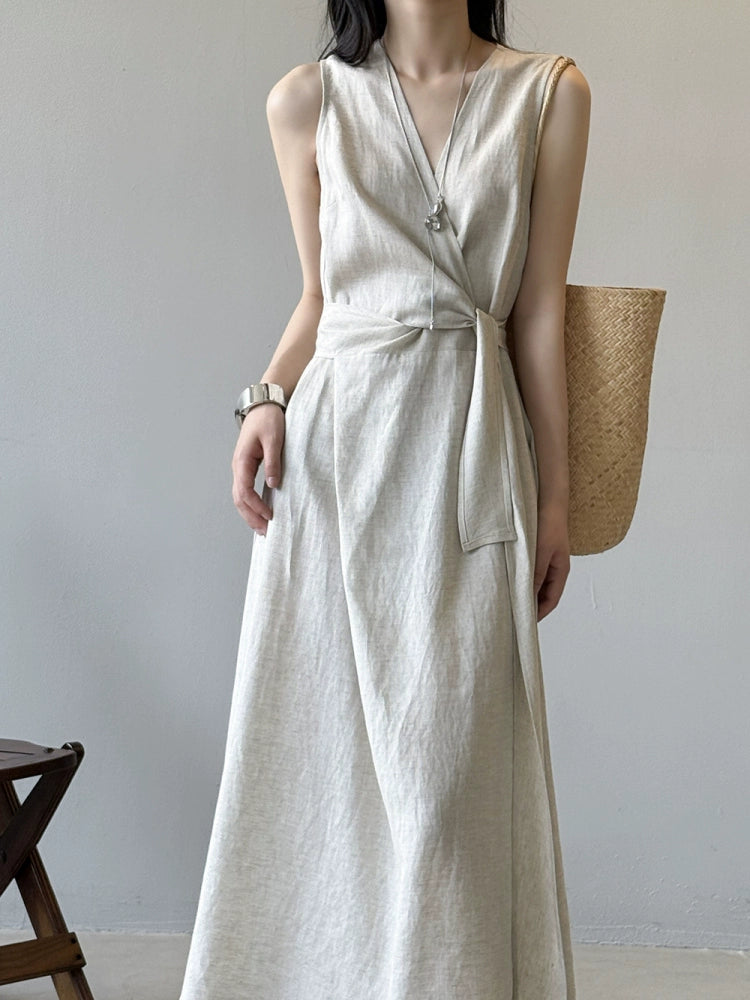 Sleeveless vest dress in natural neutral linen