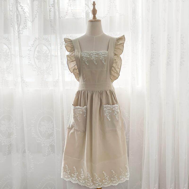 French Princess-Style Cotton Apron, Cute Cottagecore Kitchen Workwear