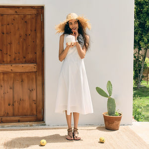 Petite asymmetrical cream sleeveless midi dress
