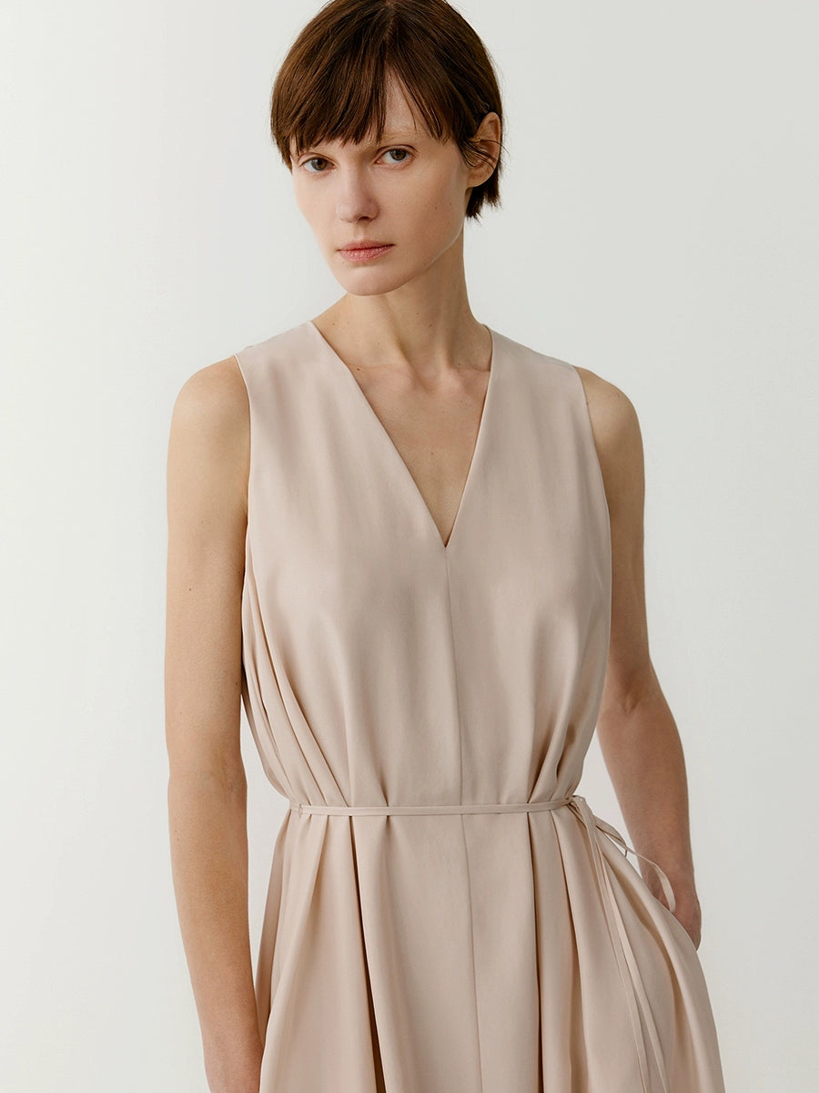 Sleeveless linen wrap dress in beige
