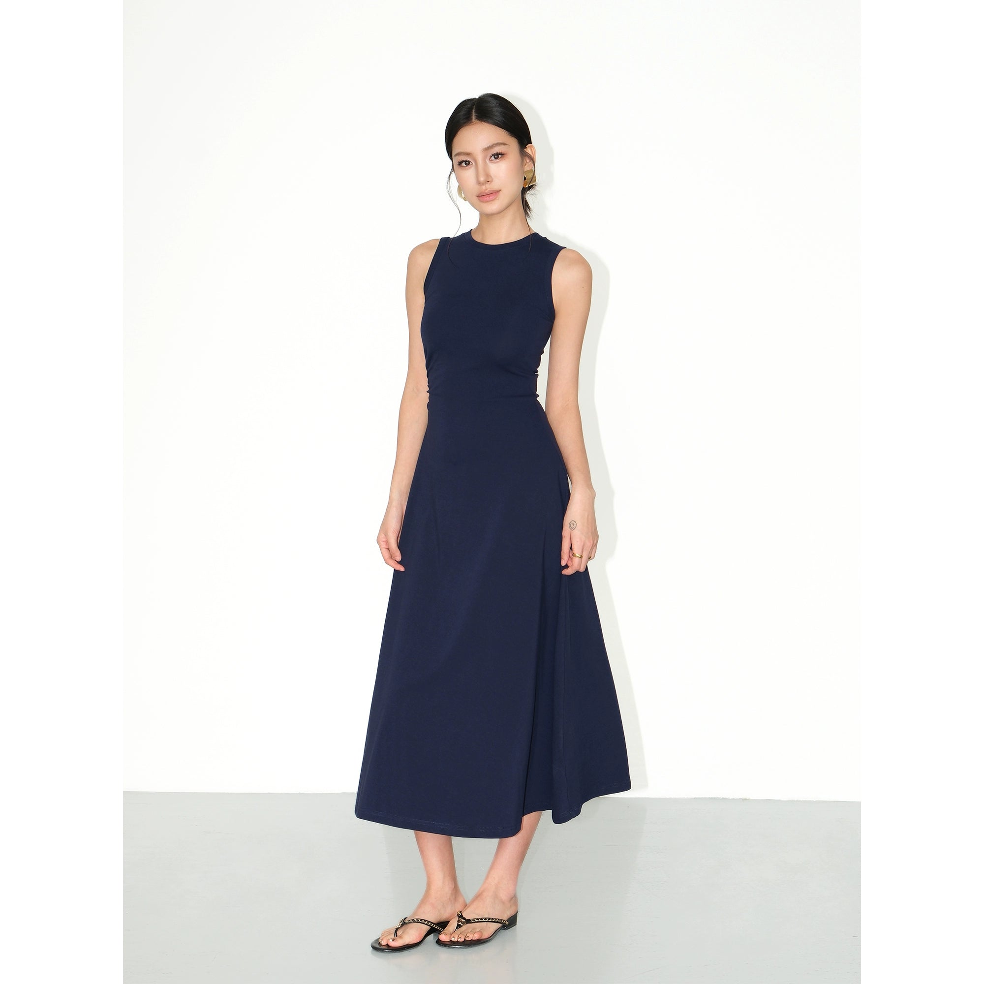 Black Sleeveless Knit Tank Dress – Women's Slim-Fit, Cinched Waist, Midi-Length Elegant Dress