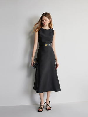 Front view of sleeveless black satin midi evening dress