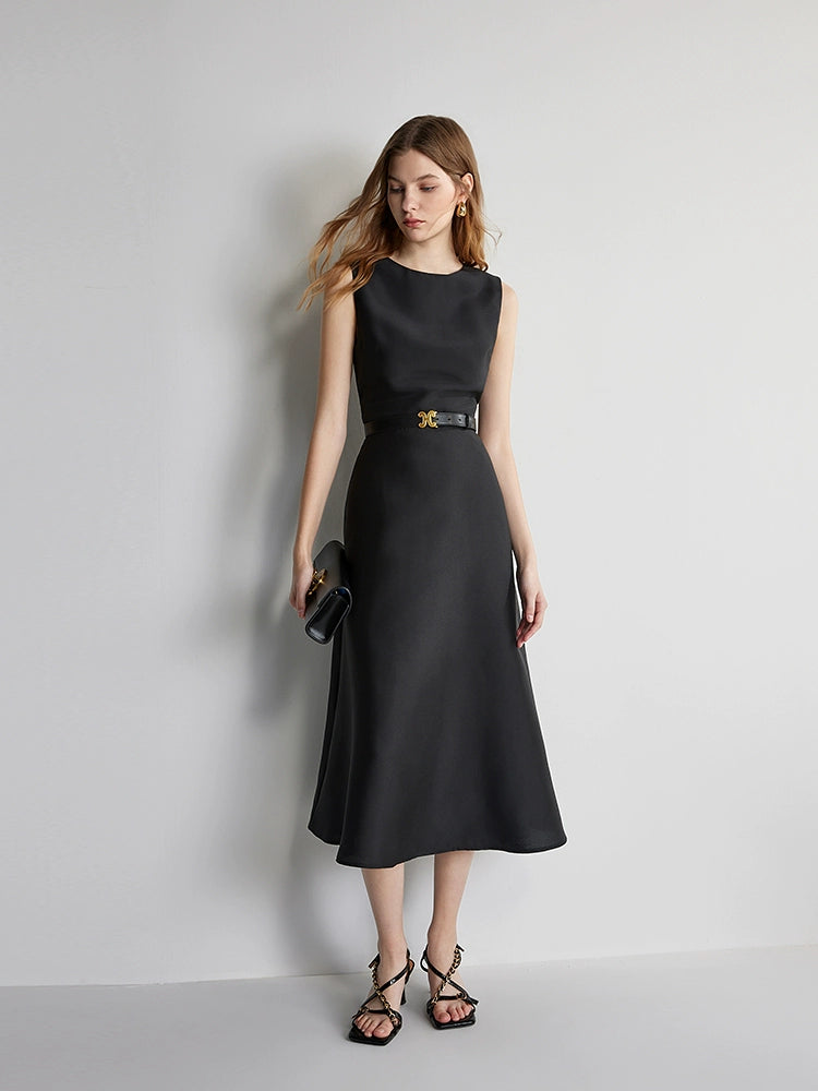 Front view of sleeveless black satin midi evening dress