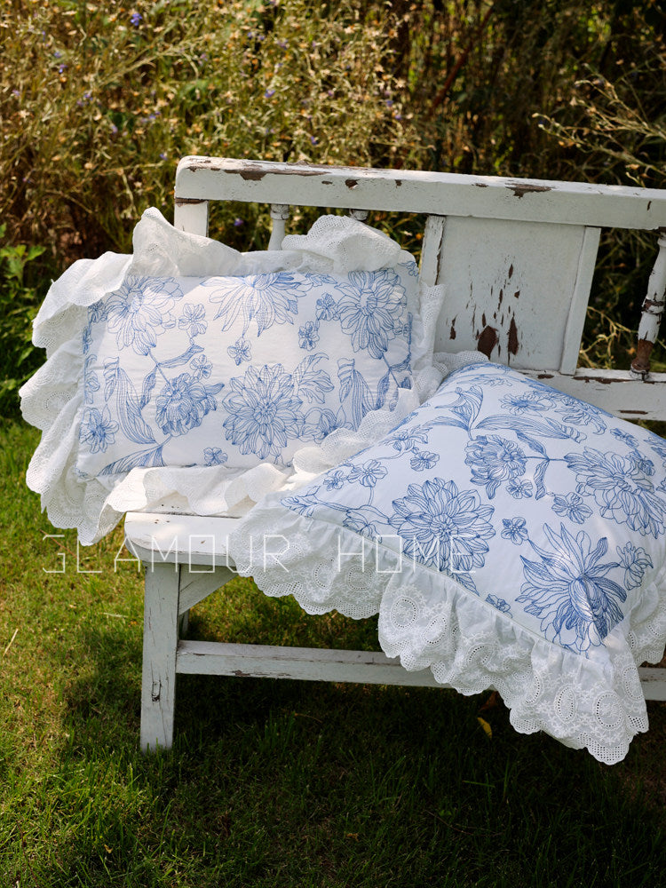 Double-Sided French Embroidered Lumbar Pillow, Extended Ruffle Cushion