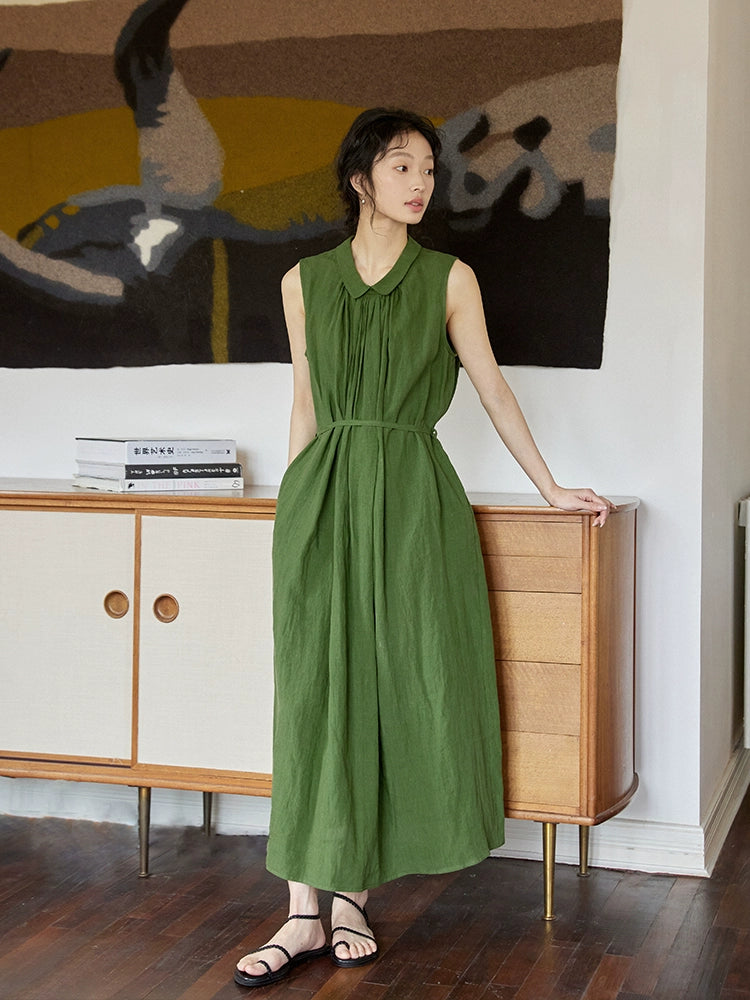 Sleeveless vintage green linen dress with waist tie
