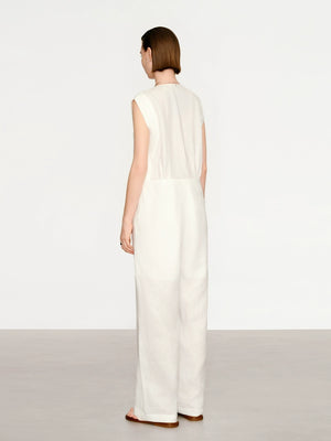 Clean V-neck wide-leg linen jumpsuit for women