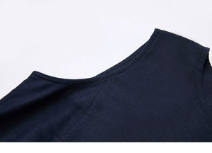 Back view of round-neck white cotton-linen dress