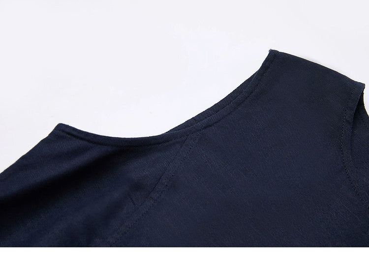 Back view of round-neck white cotton-linen dress