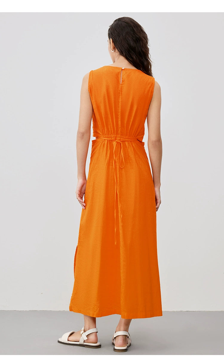 Orange linen midi dress with side cut-outs