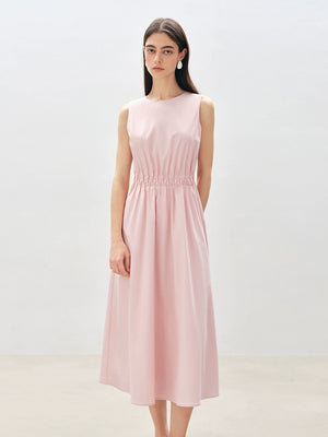 Soft pink sleeveless midi dress with pleated waist