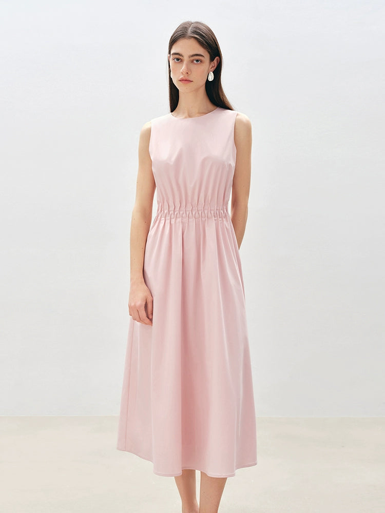 Soft pink sleeveless midi dress with pleated waist