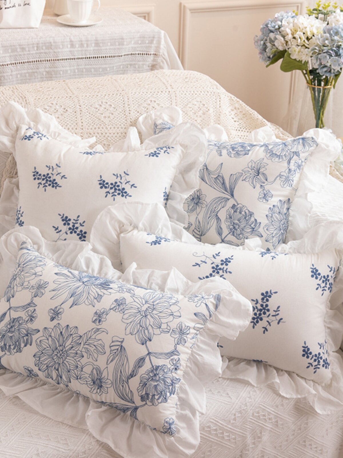 French Romantic Embroidered Ruffle Pillow Cover, Pastoral Floral Cushion
