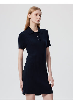  Front view of red cotton knit polo dress with collar