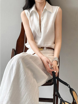 White summer linen two-piece with V-neck shirt