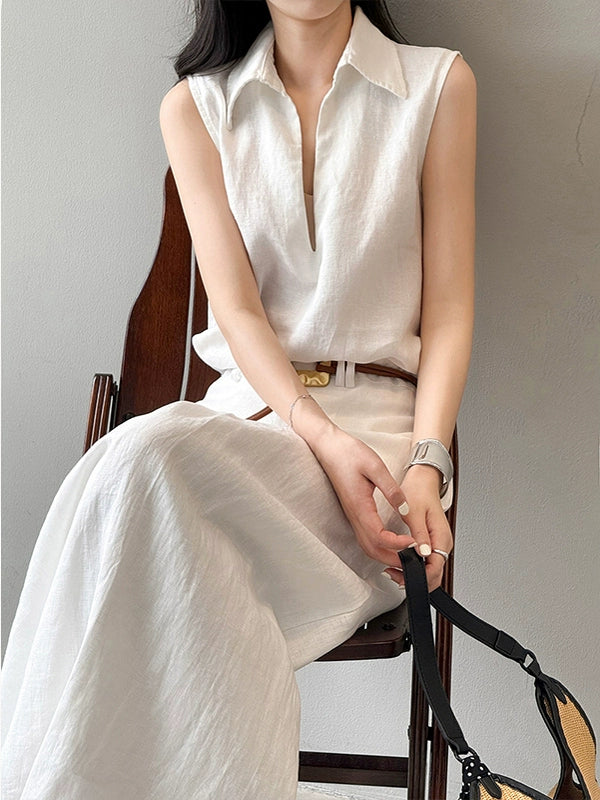 White summer linen two-piece with V-neck shirt