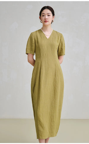 Linen V-neck midi dress with short sleeves on wooden hanger