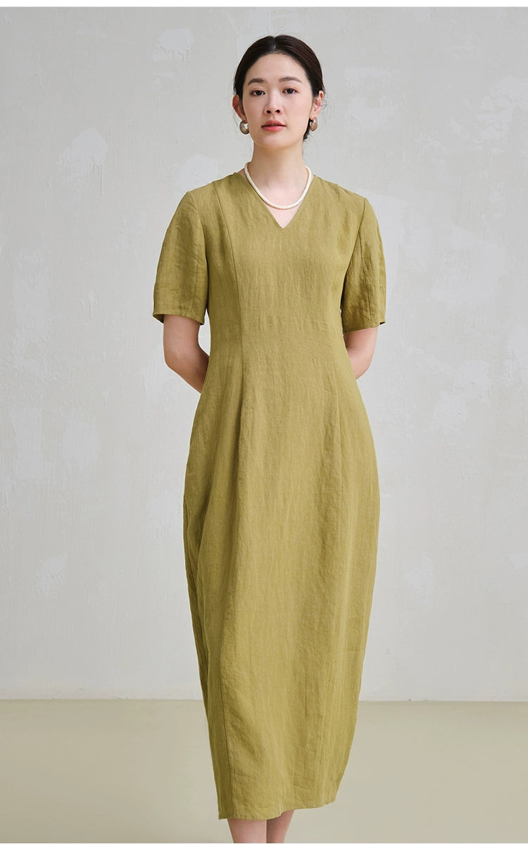 Linen V-neck midi dress with short sleeves on wooden hanger