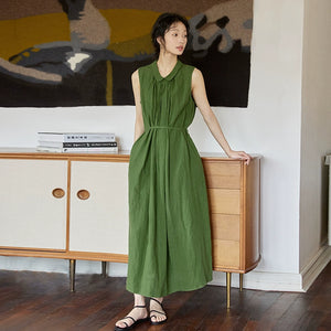 Sleeveless vintage green linen dress with waist tie