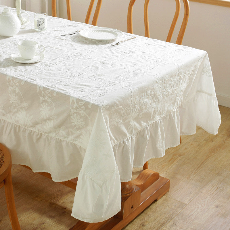 Water-Repellent French Ruffle Tablecloth, Cotton Embroidered Dining Cover
