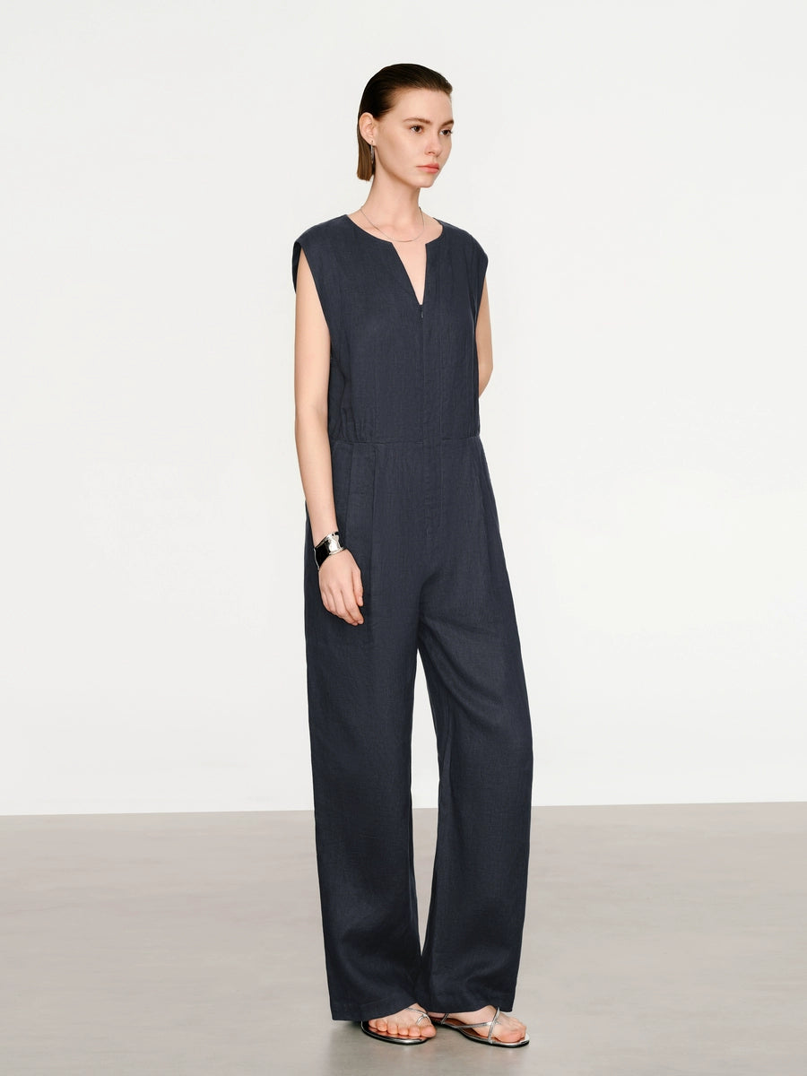 Navy sleeveless linen jumpsuit with V-neck and wide legs