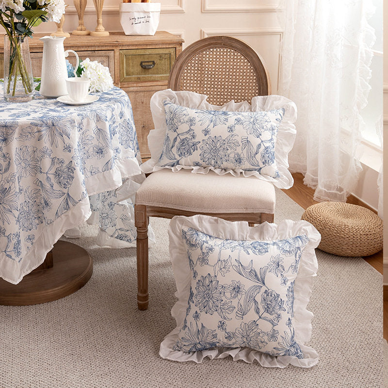 French Embroidered Ruffle Cushion Cover, Cotton Lace Sofa Pillow