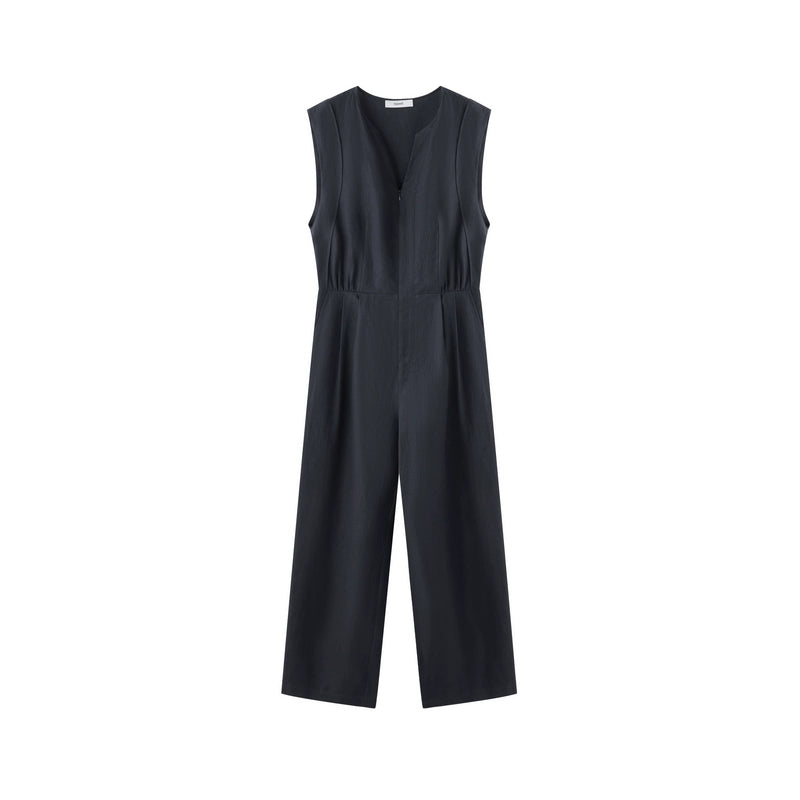 Navy sleeveless linen jumpsuit with V-neck and wide legs