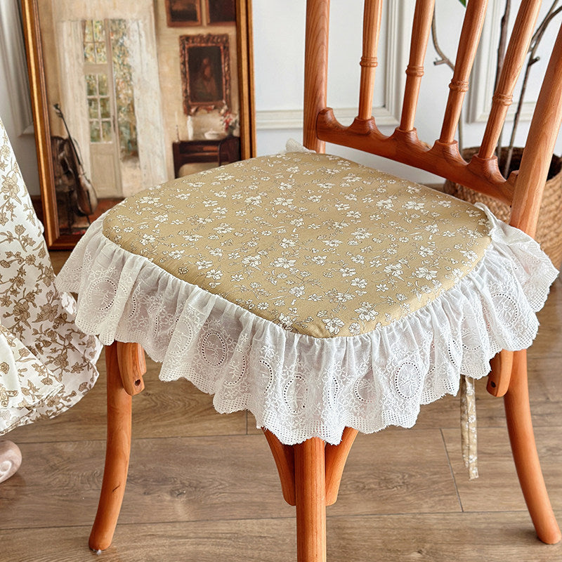 French Vintage Ruffled Strap Chair Cushion, Removable Floral Seat Pad