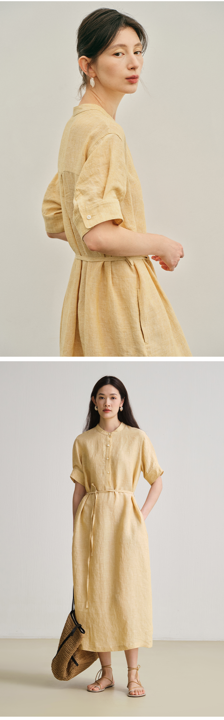 Woman wearing button-front linen midi dress with waist tie and rolled sleeves