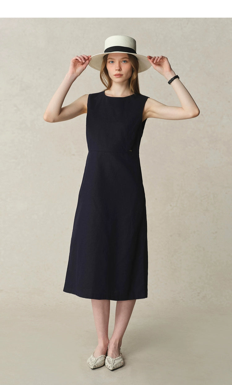 Back view of round-neck white cotton-linen dress