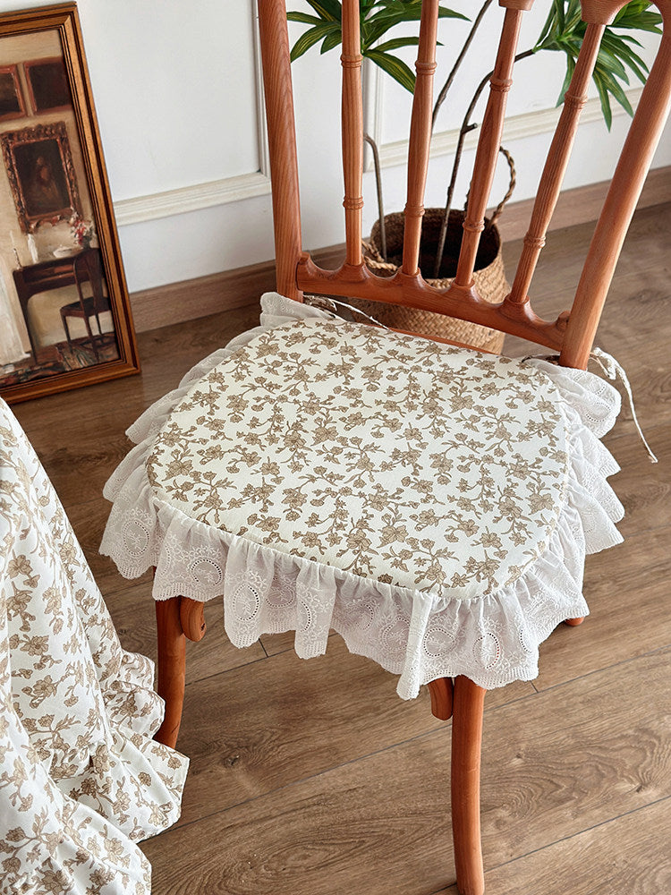French Vintage Ruffled Strap Chair Cushion, Removable Floral Seat Pad