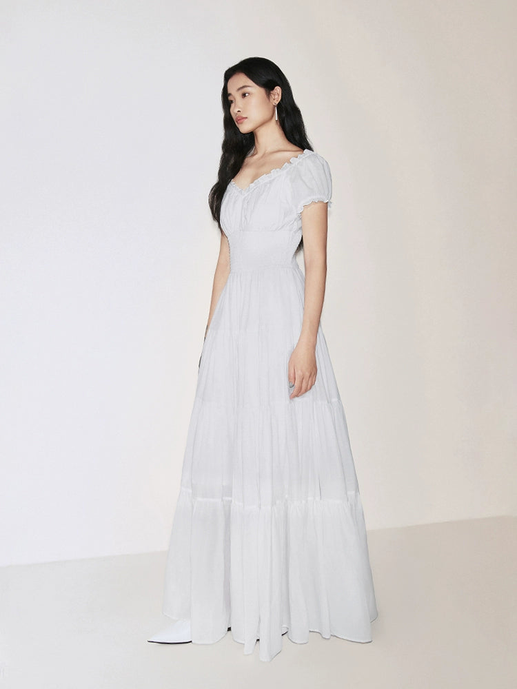 White puff sleeve maxi dress with ruffle hem