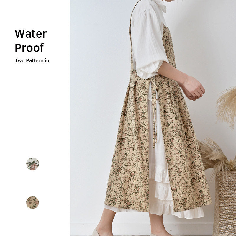 Korean Floral Cotton Linen Apron, Breathable Water-Repellent Kitchen Apron