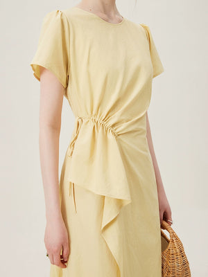  Ruched tie waist detail on white cotton dress
