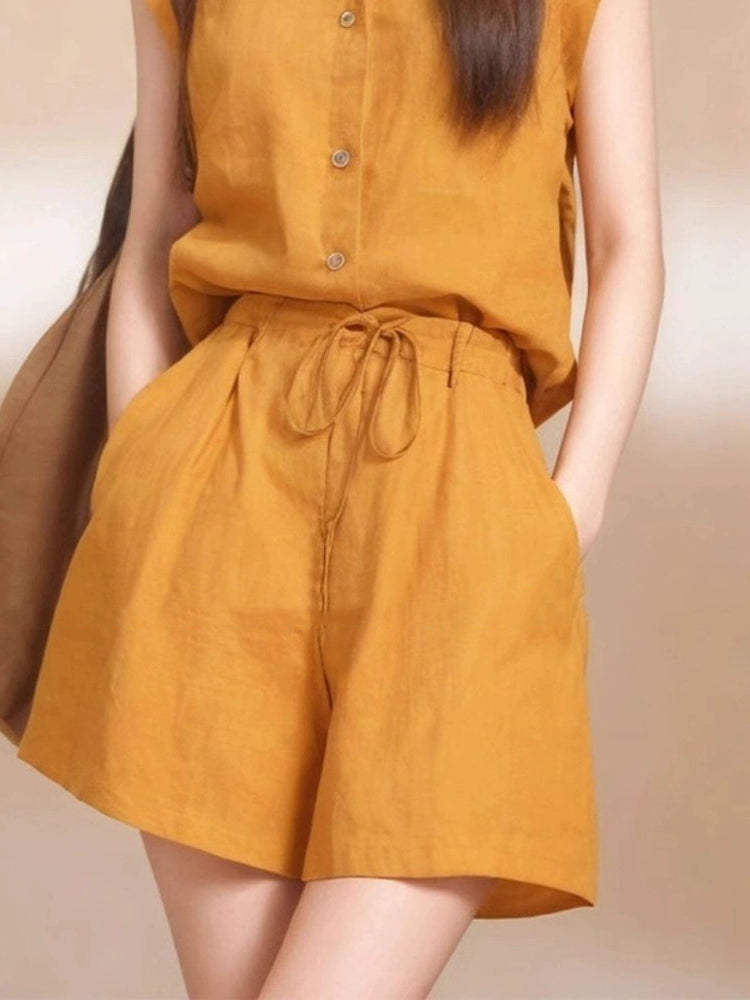 Close-up of cotton-linen sleeveless top and shorts