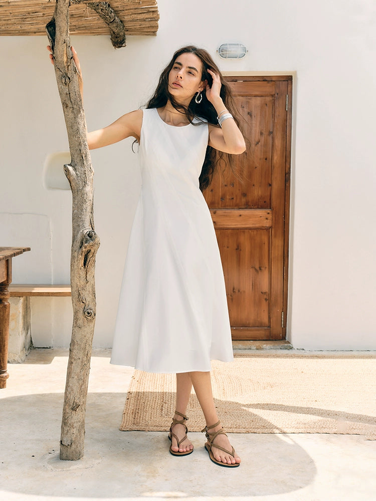 Sculpted sleeveless A-line dress in soft yellow-white
