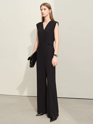 Black sleeveless V-neck office jumpsuit with wide-leg fit