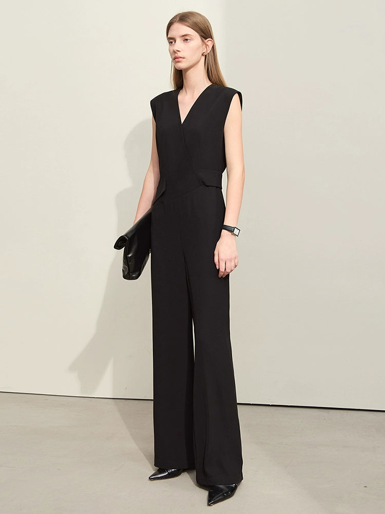 Black sleeveless V-neck office jumpsuit with wide-leg fit
