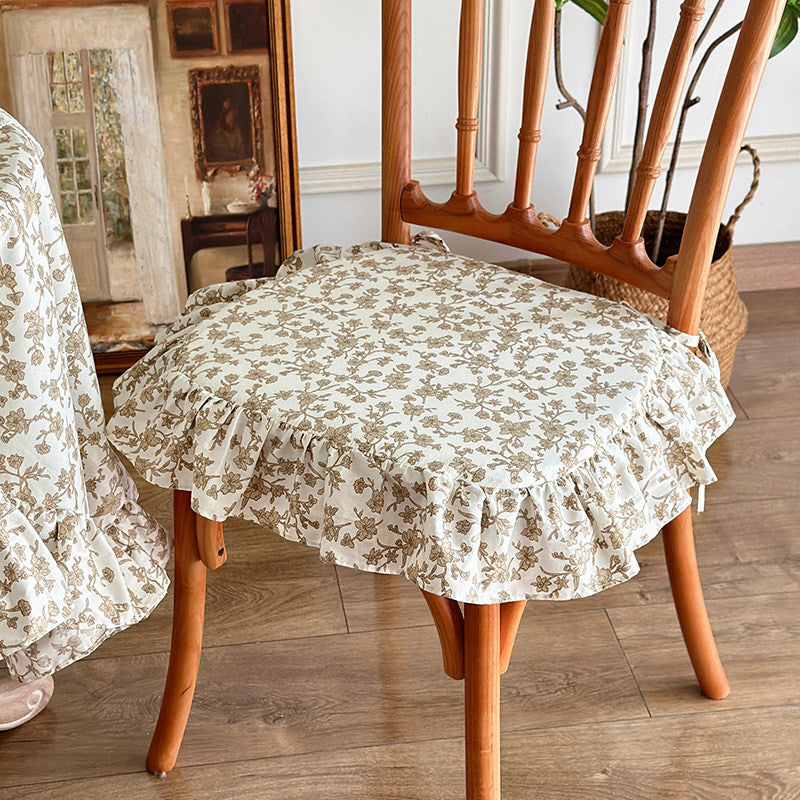 French Vintage Ruffled Strap Chair Cushion, Removable Floral Seat Pad