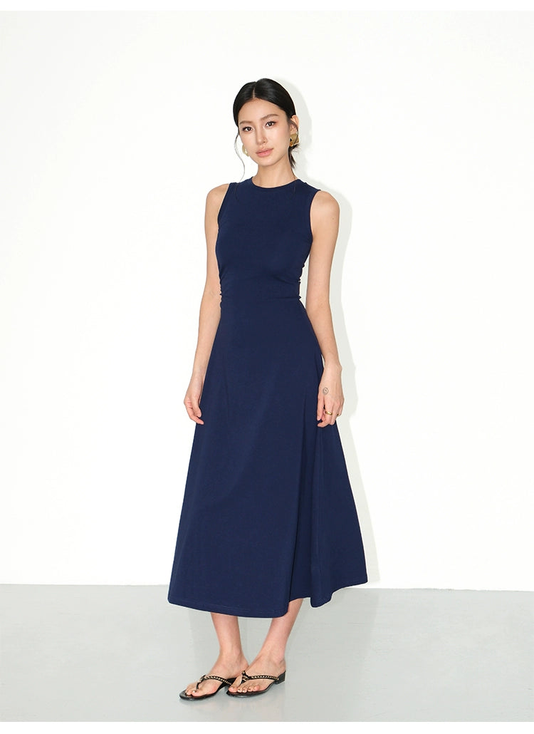 Black Sleeveless Knit Tank Dress – Women's Slim-Fit, Cinched Waist, Midi-Length Elegant Dress