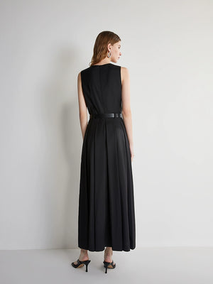 White A-line dress with belt and pleats