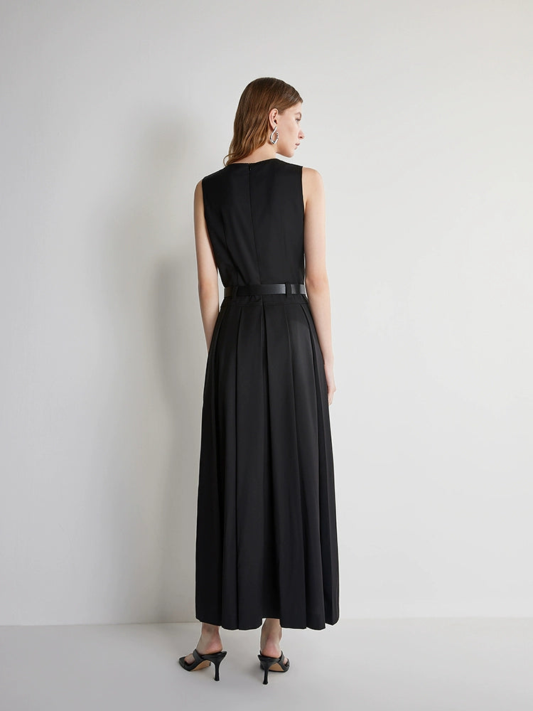 White A-line dress with belt and pleats