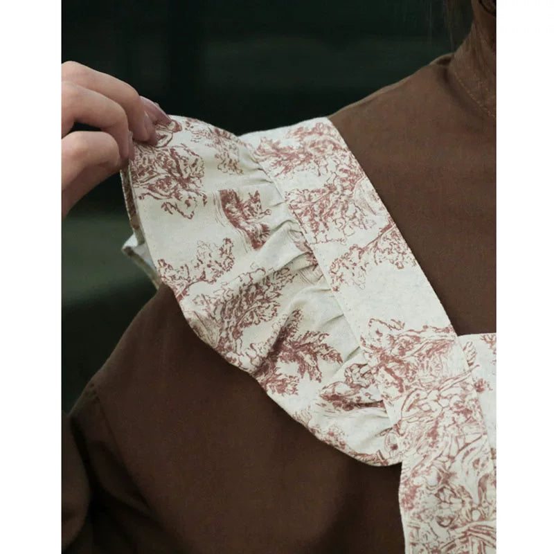 Caramel meets French vintage ruffled apron water-repellent INS style floral coffee shop workwear