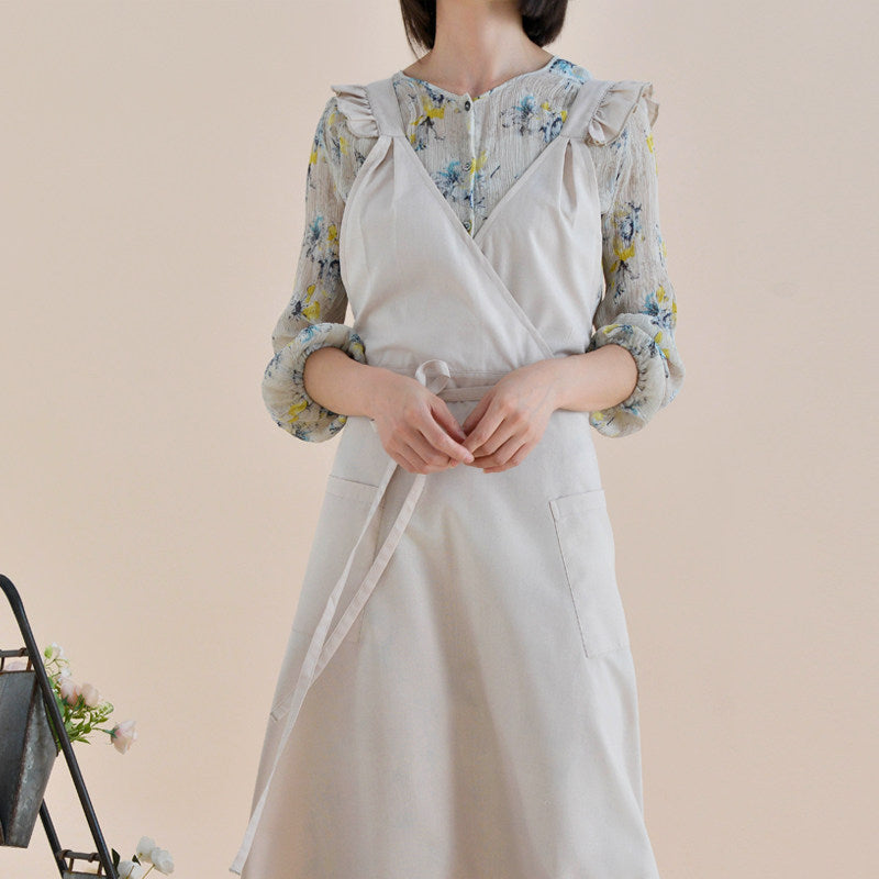 French Water-Repellent V-Neck Apron, High-Waist Floral Ruffle Workwear