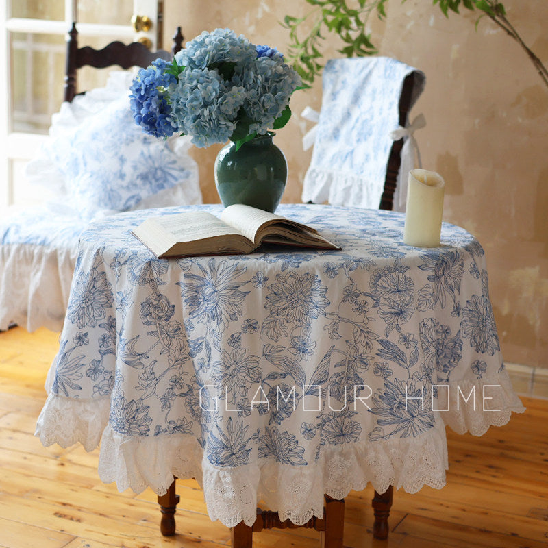 French Ruffled Round Tablecloth, Elegant Cotton Dining Table Cover
