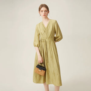 Summer cinched waist wrap dress in light olive green