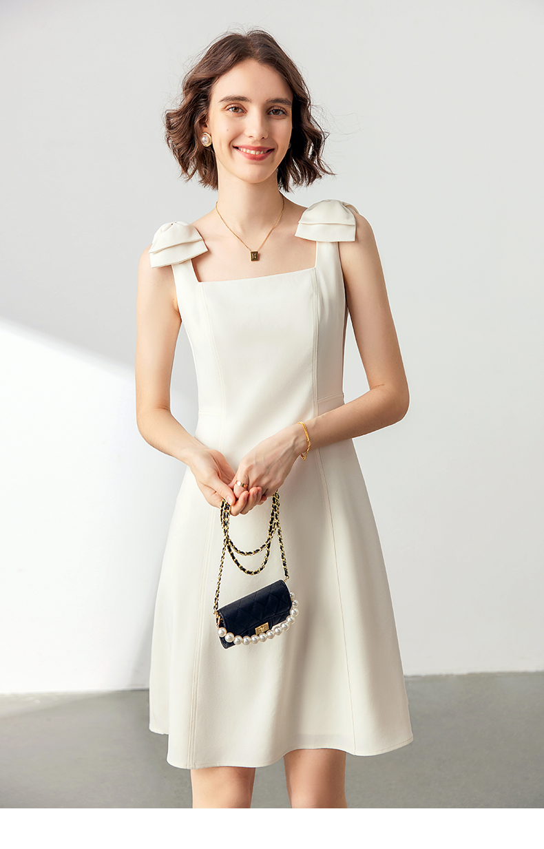 Front view of elegant acetate slip dress in classic color