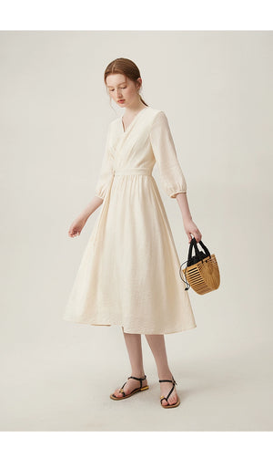 Summer cinched waist wrap dress in light olive green