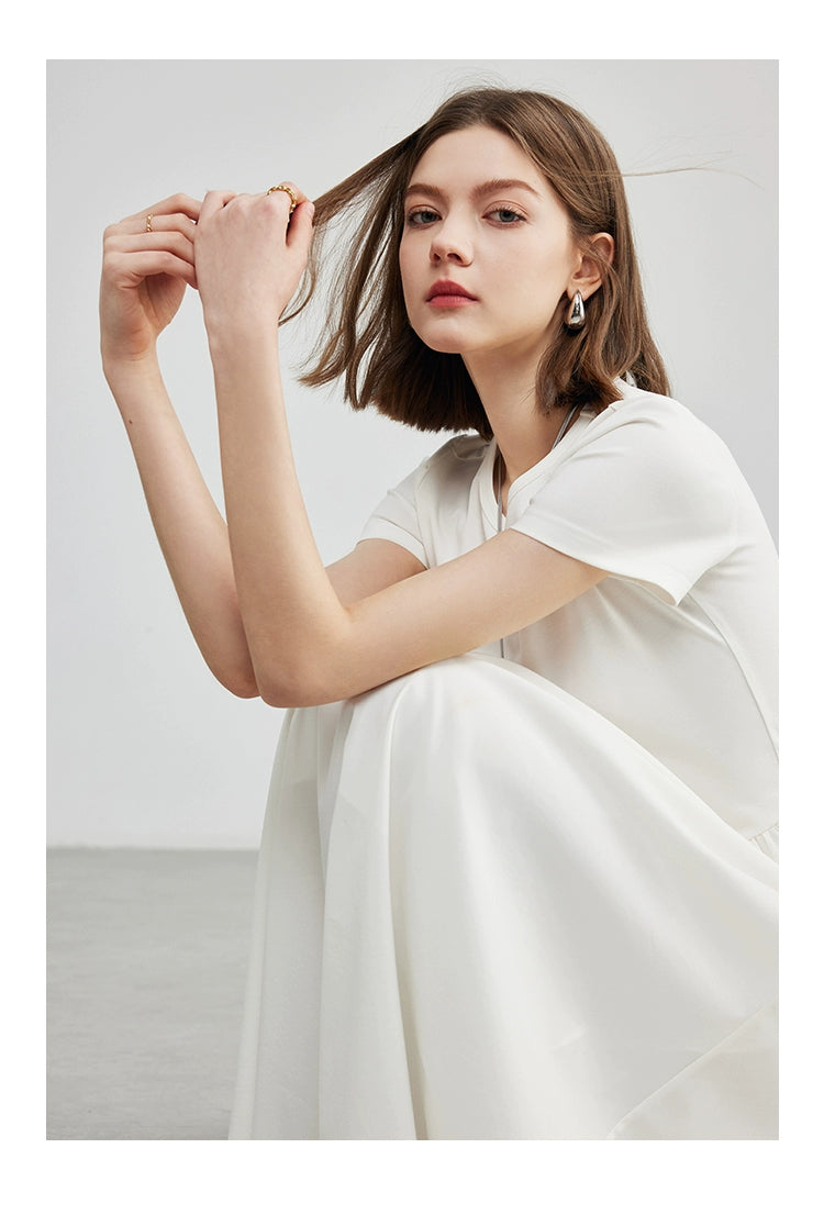 Cream long sleeve cotton jersey maxi dress with ruching