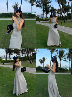 Slim-fit black knit tank dress with cinched waist